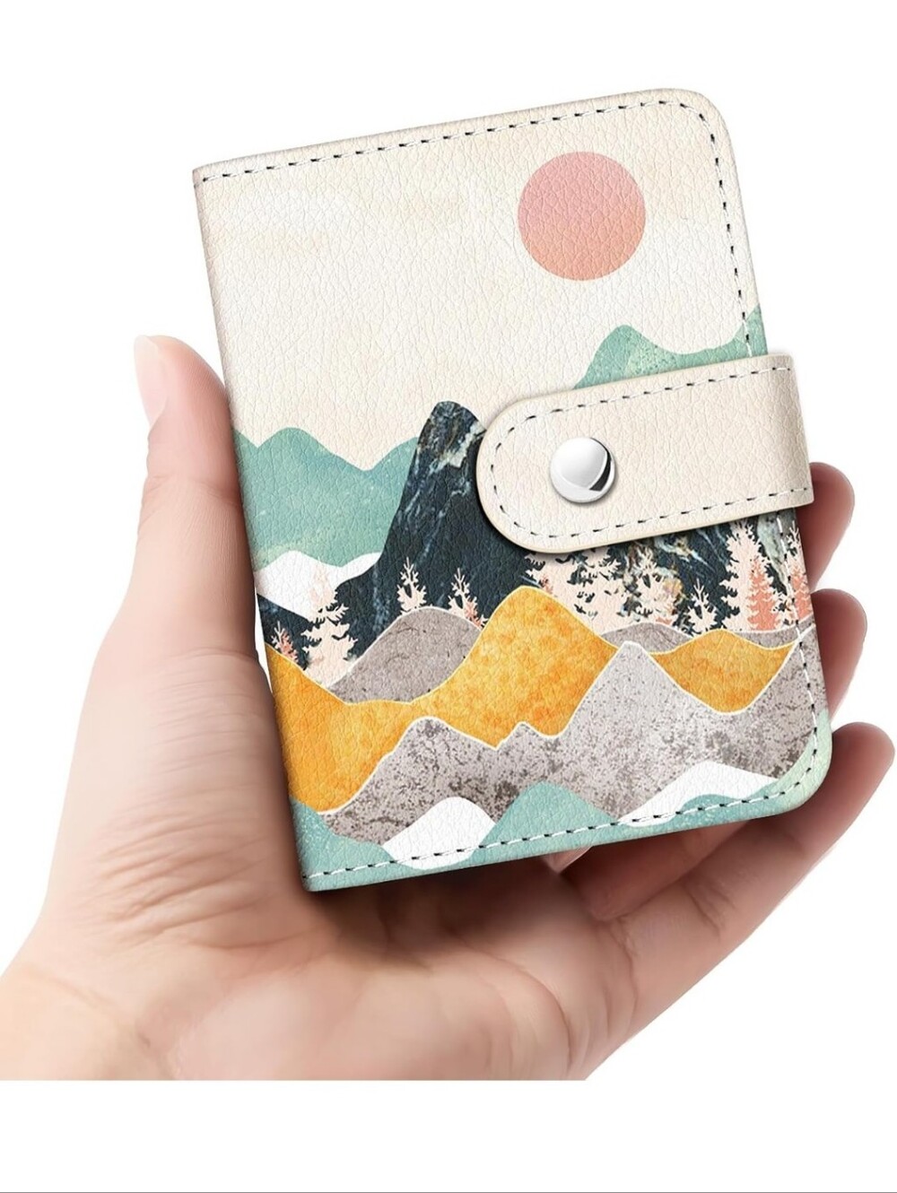 Wallet Card Holder with Mountain Sunrise Design in Cream & Teal